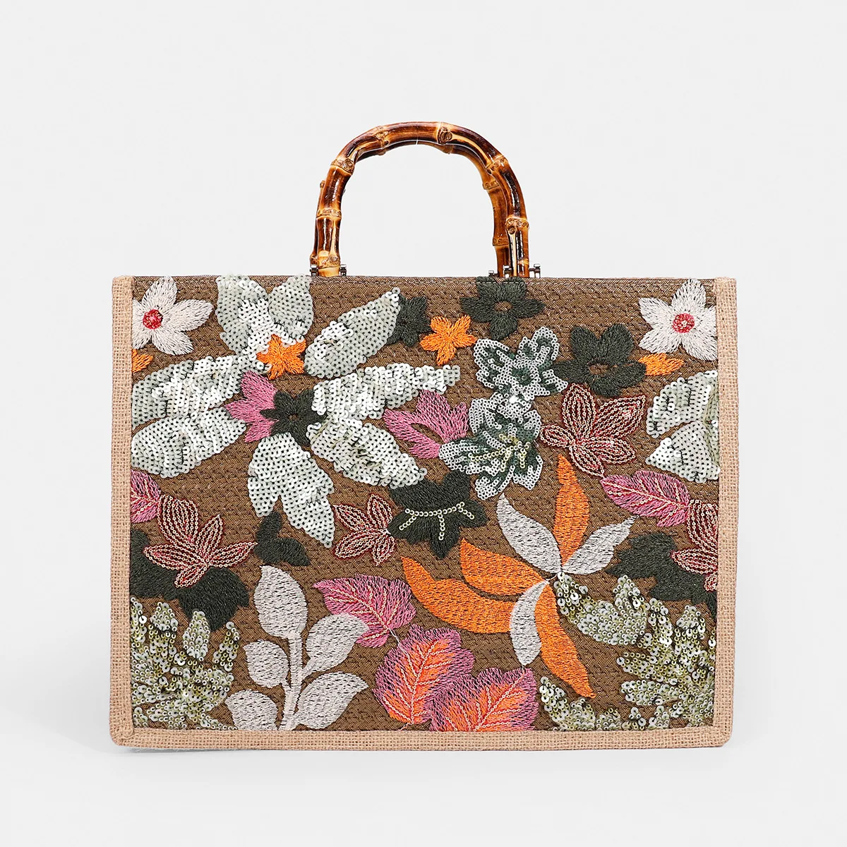 Bolsas de bambu vintage para mulheres, sacolas bordadas lantejoulas, grande capacidade de linho casual, bolsa de praia de verão, bolsa feminina