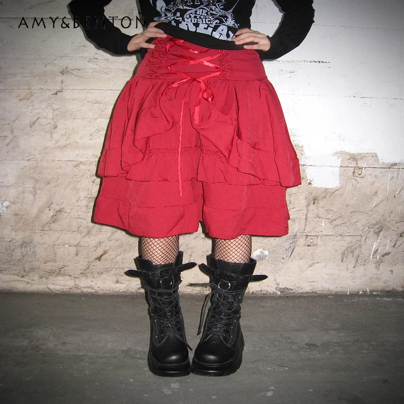 

Punk Design Red Subculture Y2k Women's Middle-skirt 2025 Autumn New Vintage Strap Loose Slimming Versatile Long Skirts Ladies