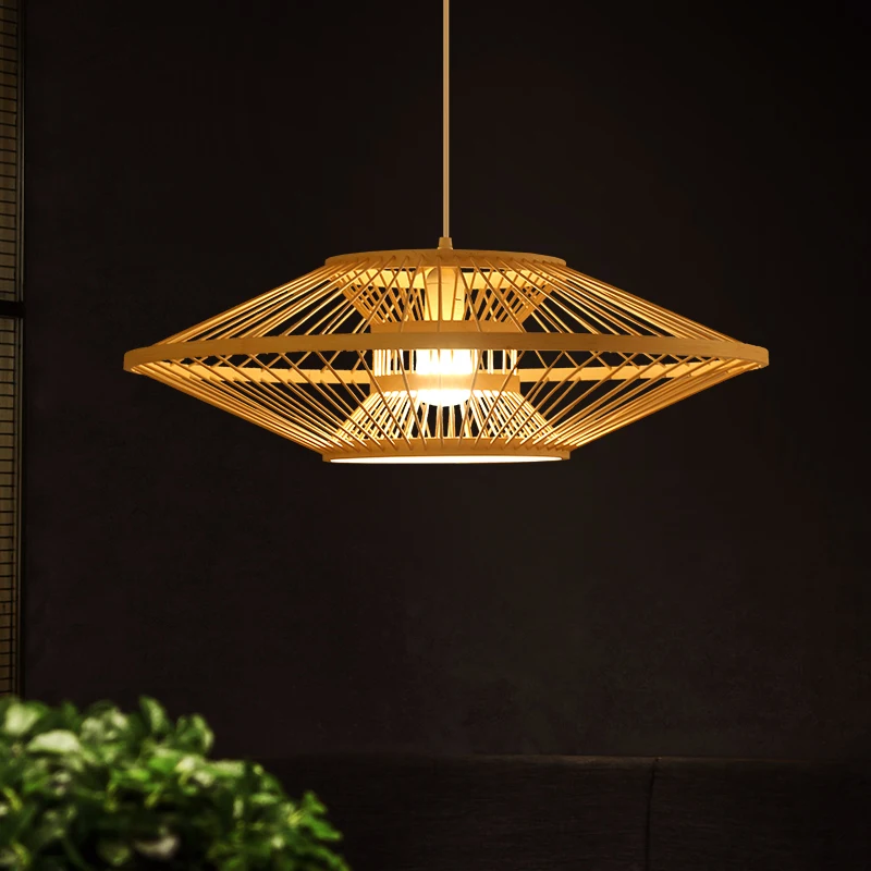 Linterna tejida de bambú creativa japonesa, lámparas colgantes LED, arte tejido a mano Retro, restaurante, dormitorio, luces colgantes de madera Zen