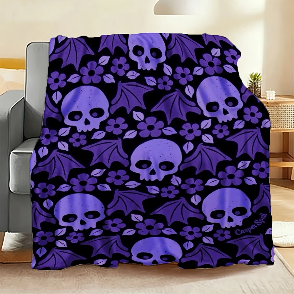 1pc Gothic Purple Pink Black Skull & Bat Wing Flannel Blanket - 280gsm Heavyweight Soft Bedspread, All-Season Beige-Friendly Bed