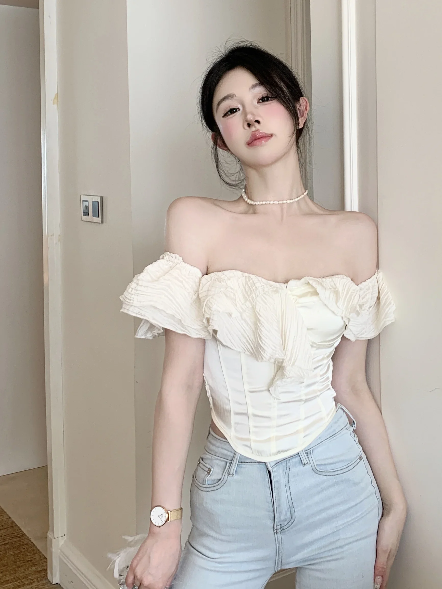 Off Shoulder Slash Stitch Cascading Ruffle Crop Top Elegant Blouse Women Summer Shirt fairycore 2000s y2k korean aesthetic cloth