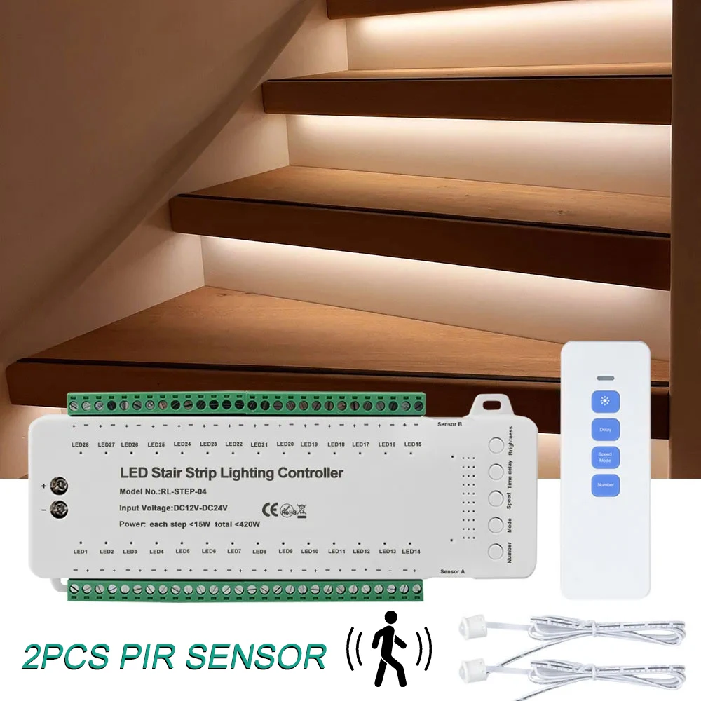 

1-28 Steps PIR Sensors LED Stair Light Controller COB LED Strip Stair Lighting Controller with Motion Sensor Stairway Lighting