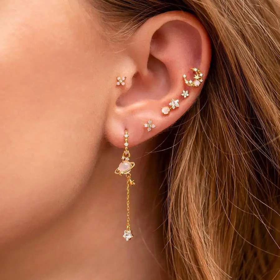 ins Vintage Exquisite Zircon Star Moon Chain Earring Gold-plated Starry Planet Stud Earrings Set For Women Girls Fashion Jewelry