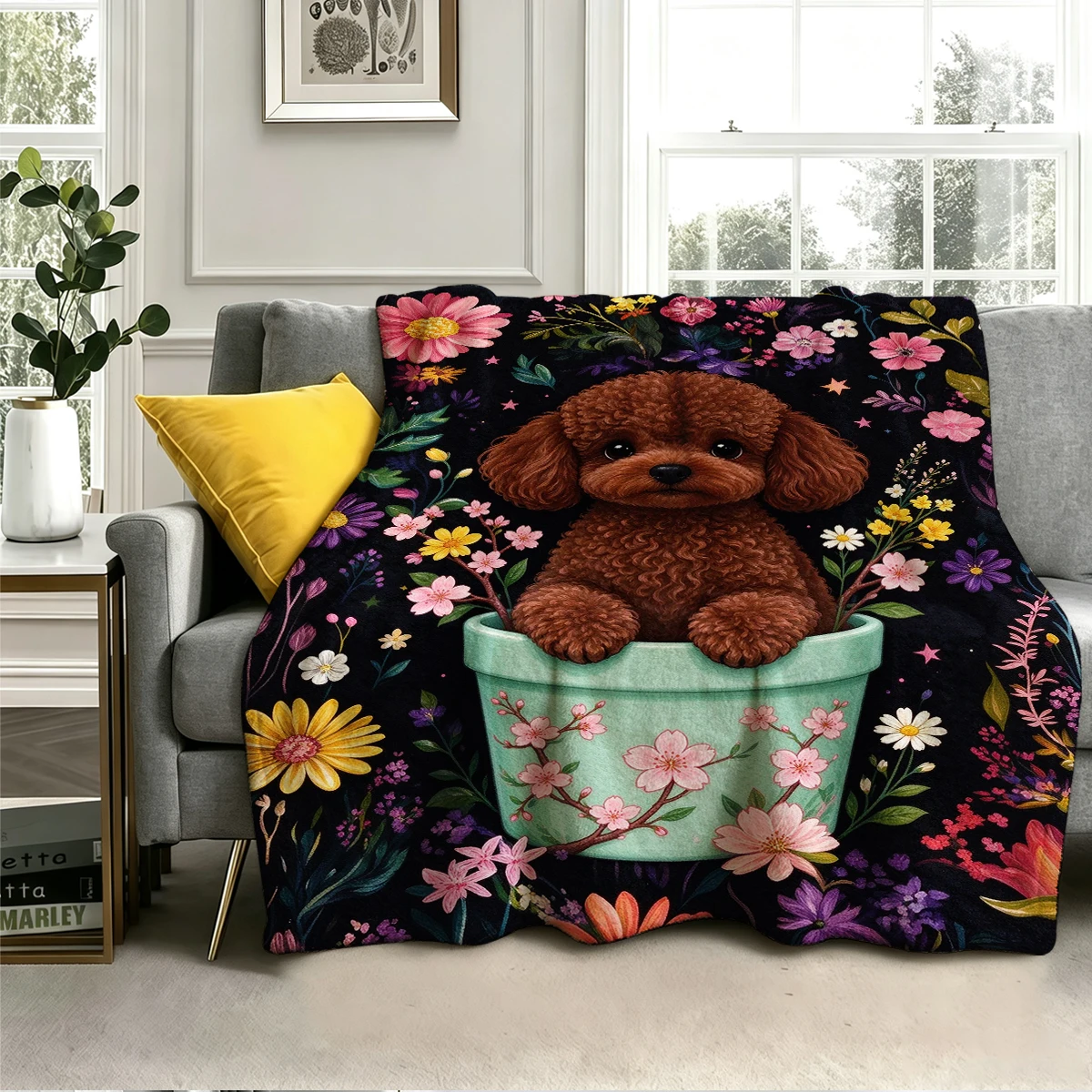 Brown Poodle Sakura Green Flannel Blanket Warm Soft Halloween Christmas Decorative Couch Warm Cozy All-Season Gift