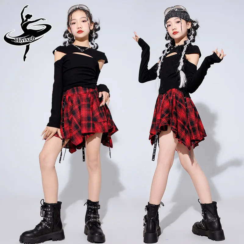 

Костюм для девочек в стиле хип-хоп: черный топ, плиссированная юбка в клетку для уличных танцев, юбки с лентами для подростков, комплекты одежды для джазовых и уличных танцев