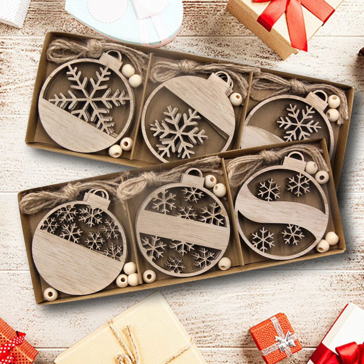 12PCS/Box Wooden Snowflake Pendant Vintage Xmas Ball Hanging Ornaments for Noel Tree Decorations DIY Gifts Wrapping Supply