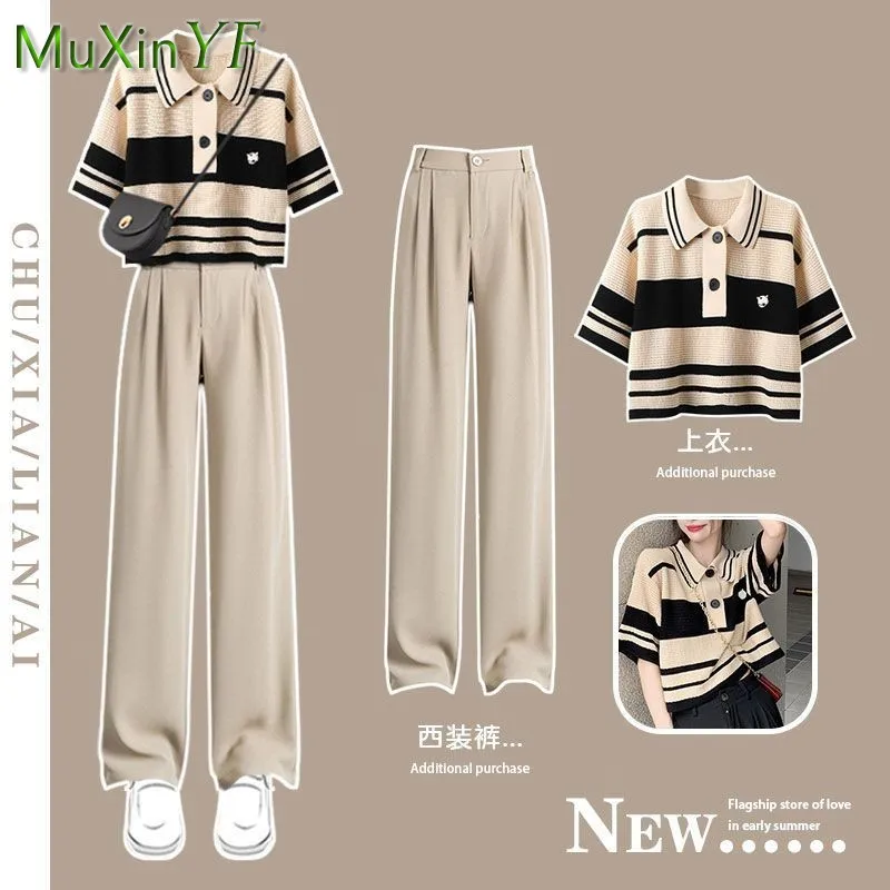 Women\'s Summer Pants Set 2024 New Vinatge Knitted Short Sleeve Top Pants Two Piece Korean Elegant Stripe Blouse Matching Set