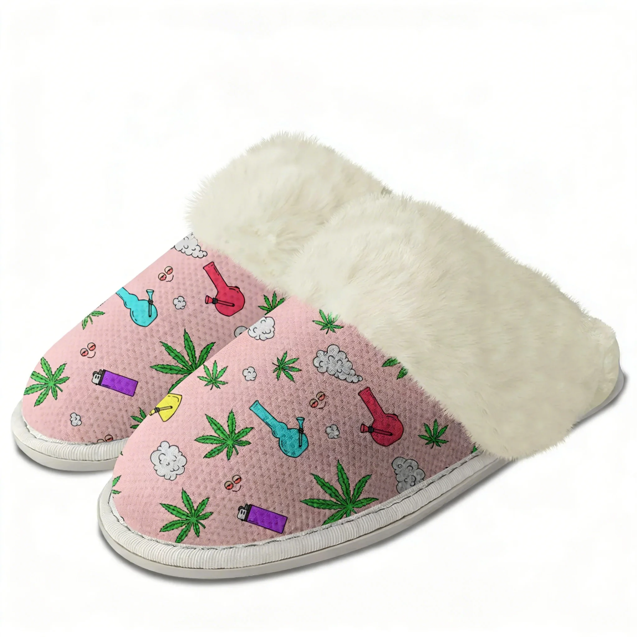 Leaf Weed Rasta Marijuana Red Yellow Green Art Plush Slippers Keep Warm Shoes Home Cotton Customized Thermal Lightweight Slipper view 2