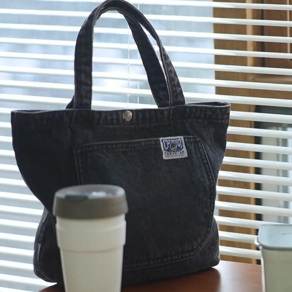 

Portable Washed Denim Lunch Bag Black Large Capacity Handbag Food Storage Picnic Pouch School