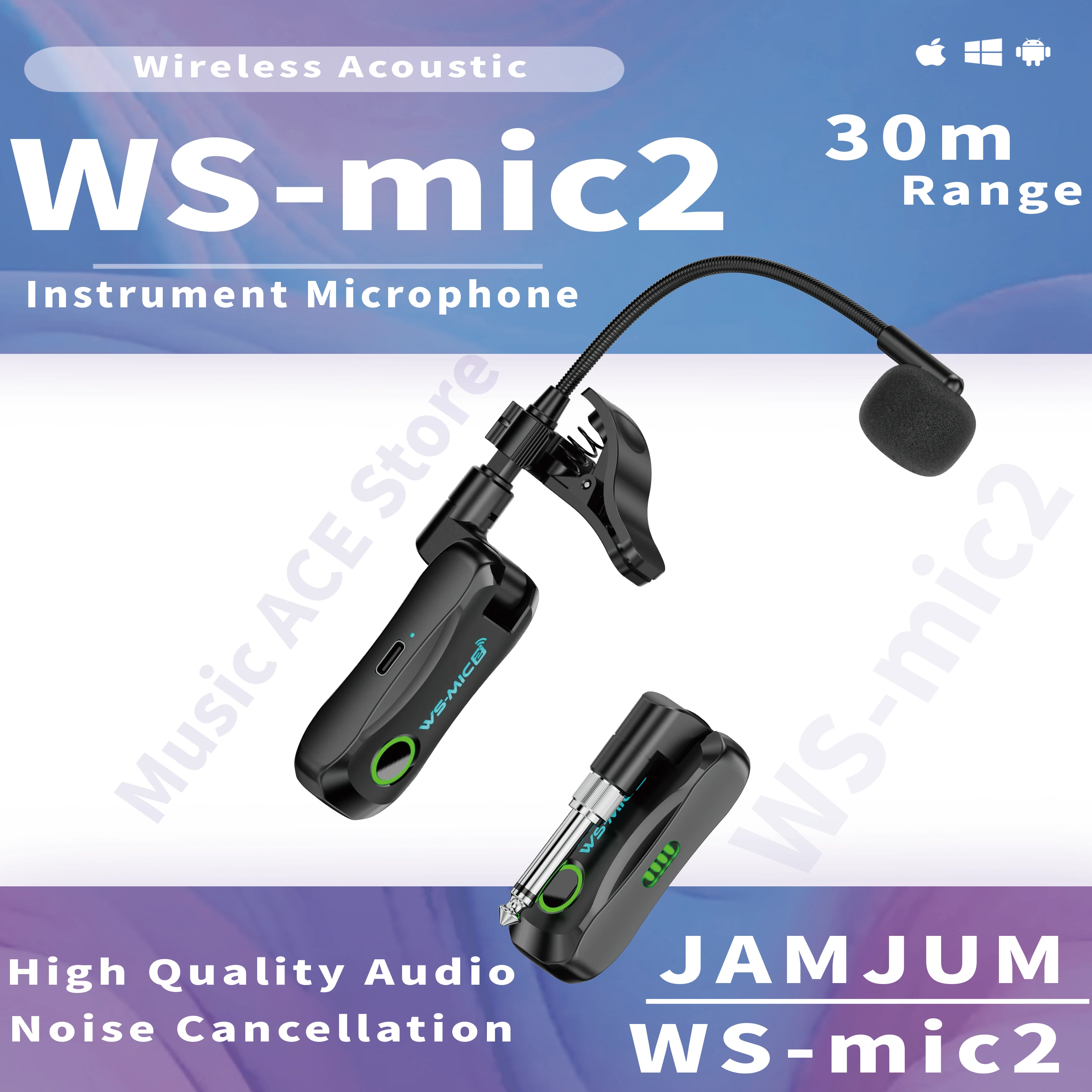 JAMJUM WS-mic2 Wireless Instrument Microphone,Anti-interference Clear Audio Mic for Saxophone Violin Wind String Instruments