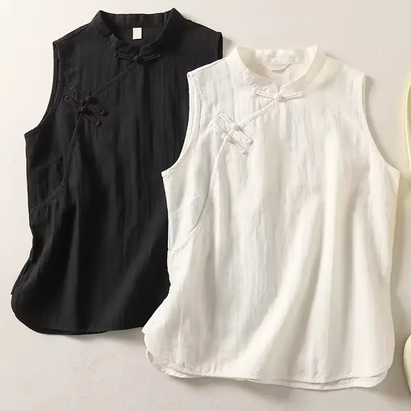 

Japanese Vintage Harajuku Cotton Vest Jacket Women Summer Sleeveless Waistcoat Buckle Stand Collar Split Blouse Jacket for Women