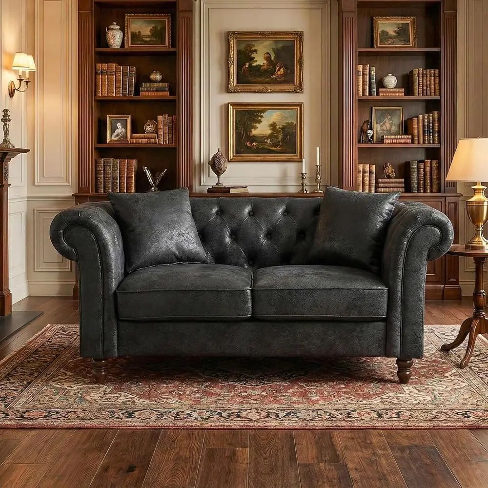 

Faux Leather Chesterfield Sofa, Upholstered Mid Century Modern Loveseat Leather Couch Tufted Design with Roll Armrest and Retro