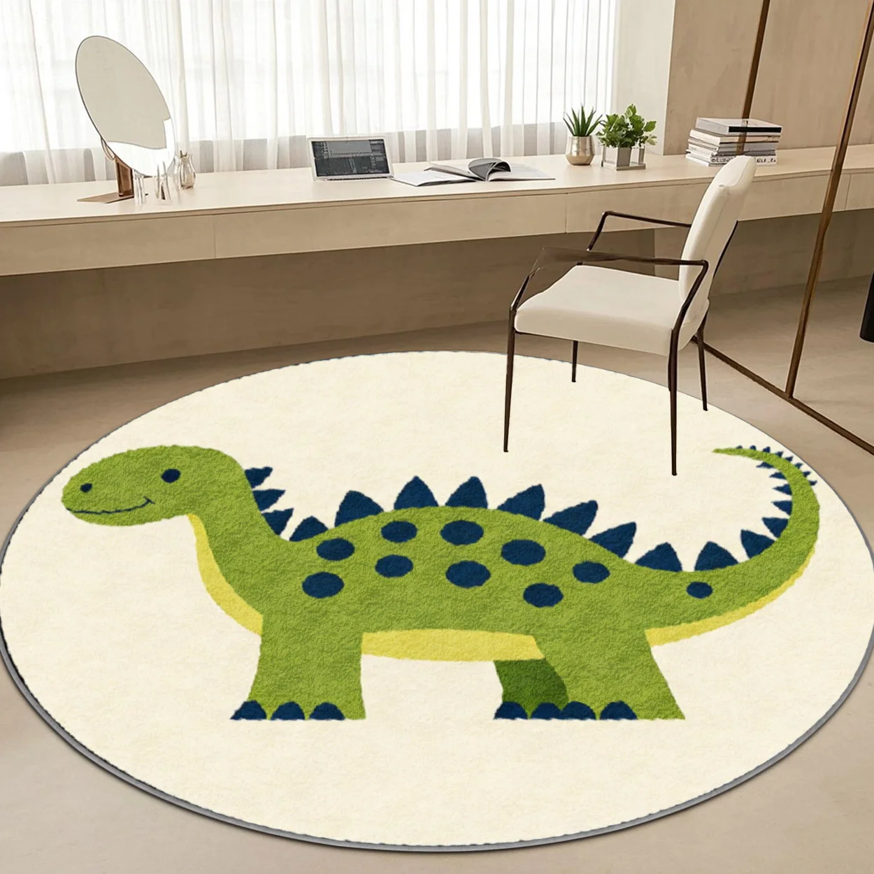 

Round Dinosaur Area Rug for Kids Room Decoration Play Mat Cute Green T-Rex Nursery Carpet Floor Decor