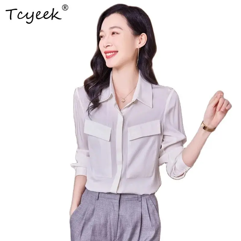 

Tcyeek, 91.2%Natural Silk Elegant Shirt, Women Long Sleeve Double Pockets, Fashion Office Lady Blouses, 2024 Autumn T46478QC