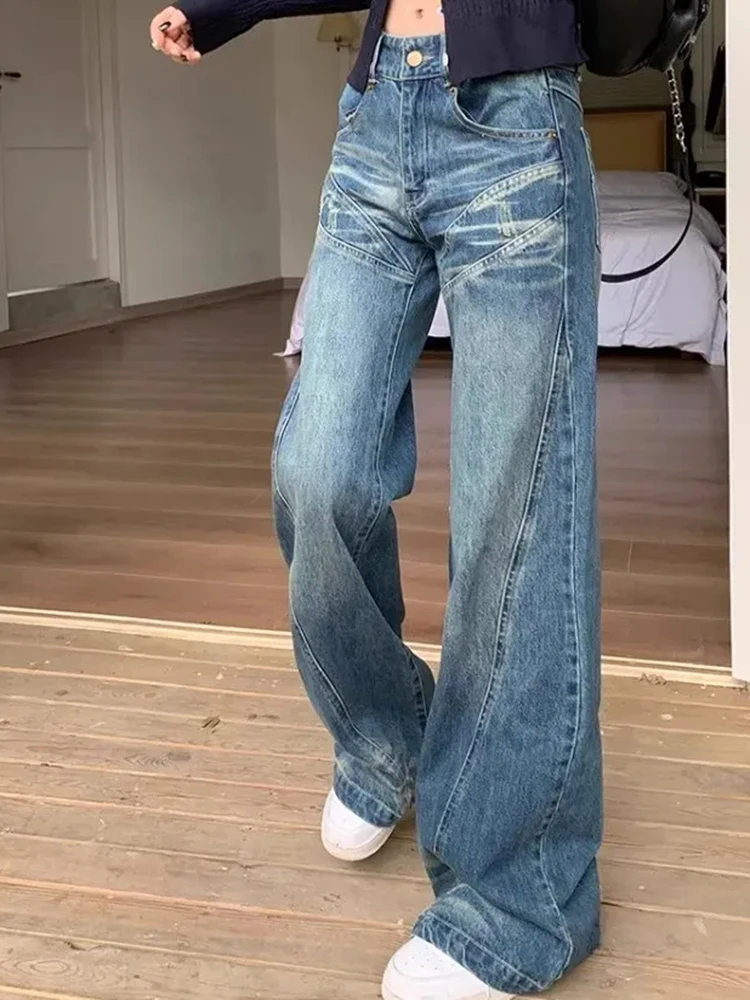 Mujer Vintage pantalones vaqueros acampanados coreano otoño nueva cintura alta pantalones vaqueros ajustados con botones Y2K ropa de calle Retro pantalones sueltos de pierna ancha para mujer