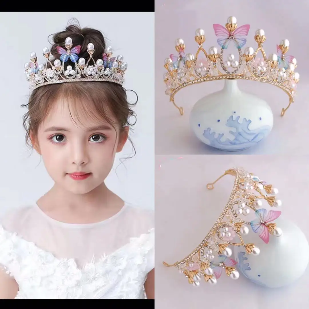 Pearl Crystal Princess Crown Handmade Rhinestone Tiaras for Girls Birthday Wedding Party Catwalk Queen Diadems Butterfly Decor