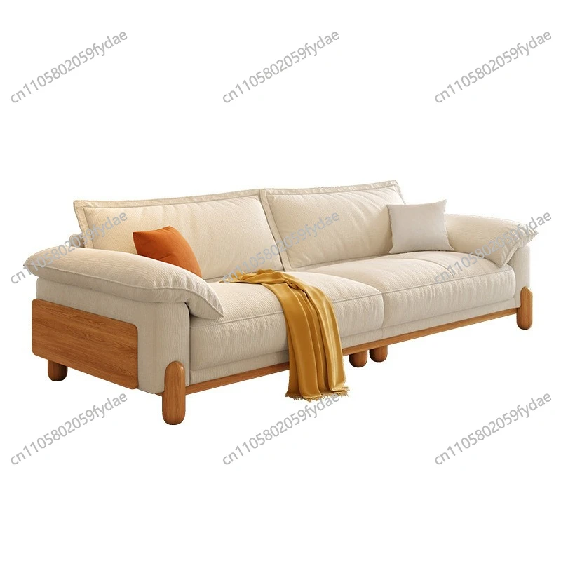 

Log wind sailboat solid wood sofa cream living room Japanese simple straight row multi-person puff fabric sofa