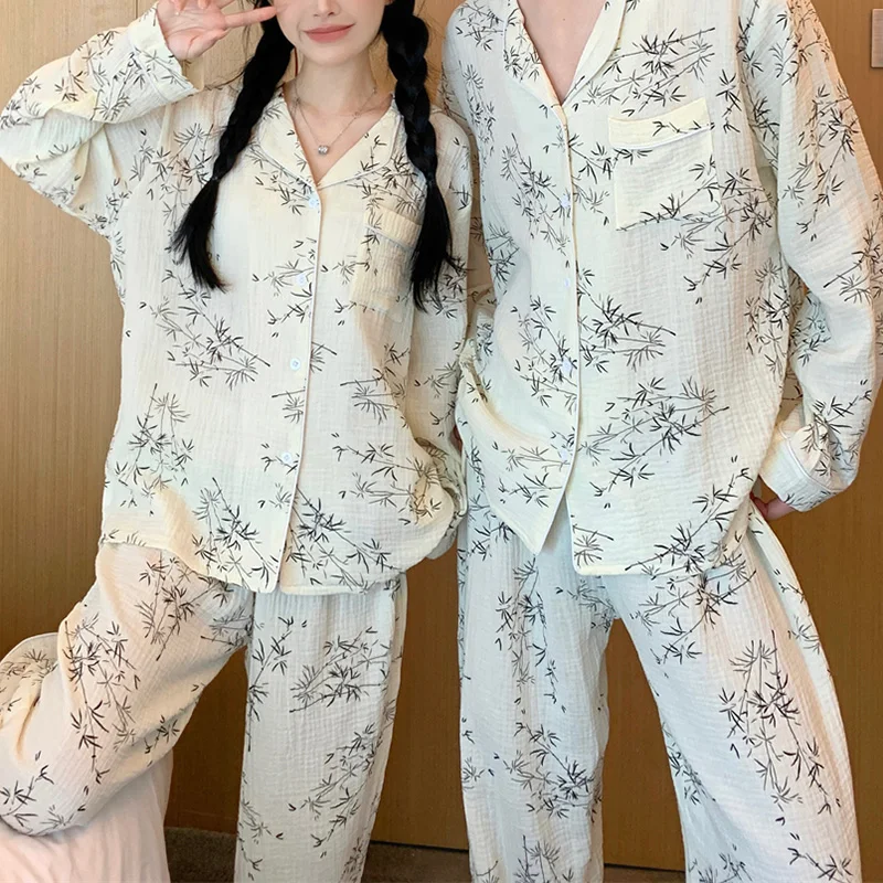 New Lovers Home Simple Print Autumn Couple Long Sleeve Pajama Set Women Loose Kawaii Elegant Casual Comfortable Sleepwear Ins