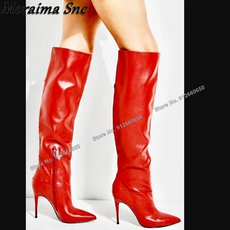 

Moraima Snc Side Zipper Pointed Toe Red Boots for Women Knee High Boots Stilettos High Heels New Fashion Runway Shoes on Heels