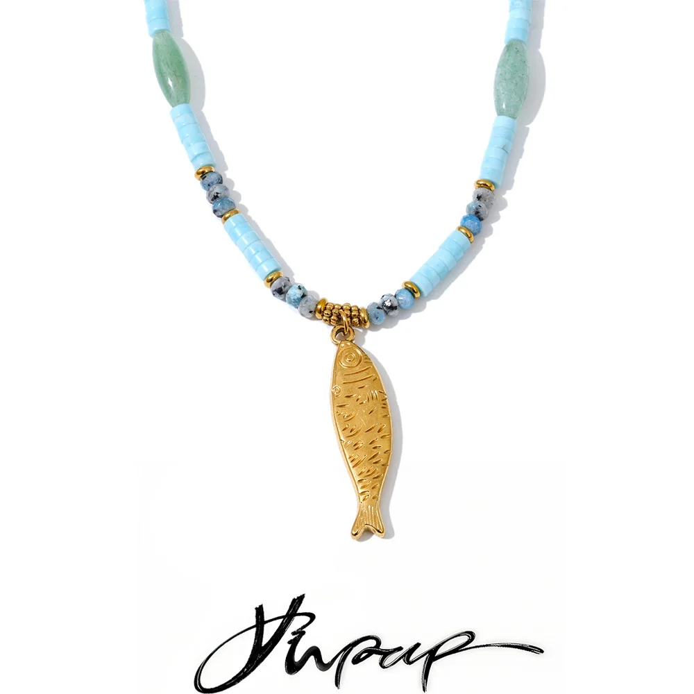 Yhpup Neue Natürliche Aventurin Stein Kette Fisch Halskette Anhänger Edelstahl Sommer Handgemachten Schmuck Geschenk Empfehlen