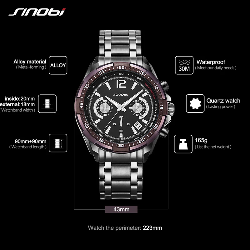 SINOBI Top Luxury Style Men\'s Watches Original Design Mans Quartz Wristwatches Chronograph Gifts Clock for Husband, Friend