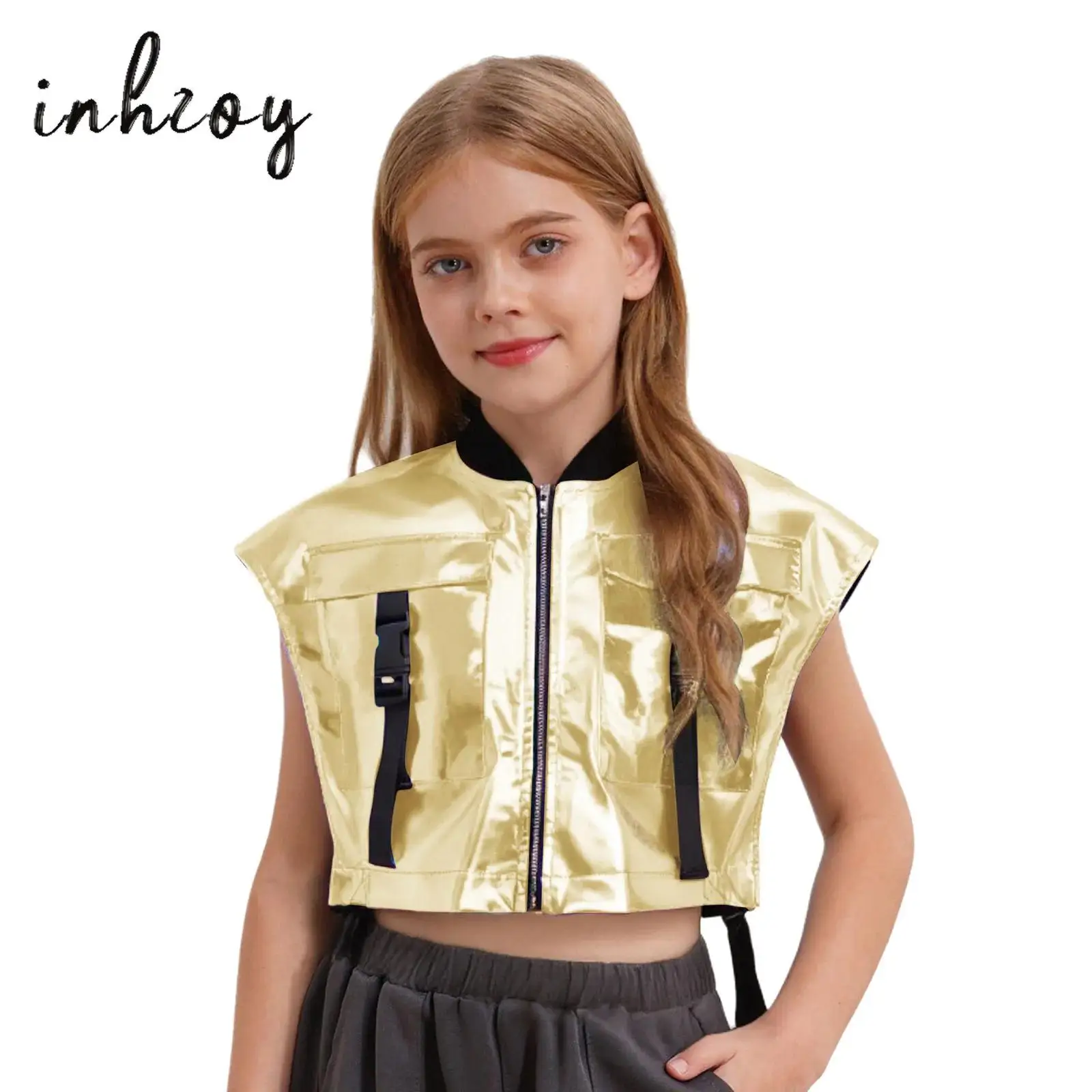 Kids Girls Metallic Shiny Vest Coat Fashion Streetwear Sleeveless Zipper Sides Open Jacket for Hip-Hop Jazz Dance Performance