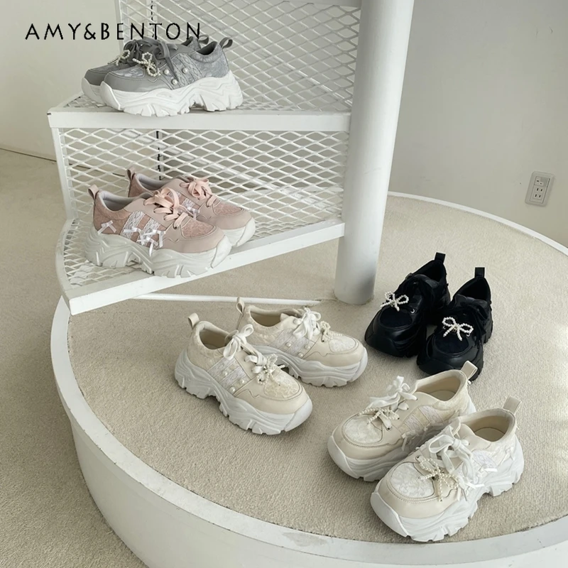 

Japanese Style Sweet Bow Pearl Lace Thick-soled Muffin Sole Casual Lightweight Shoes Women Trendy All Match Sneakers High Heels