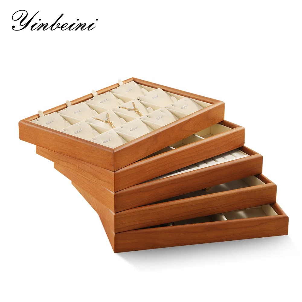 

YinBeiNi Beige Solid Wood Jewelry Tray Storage Box Ring Bracelet Necklace Jewelry Display Rack Tray Middle Stackable Organizer