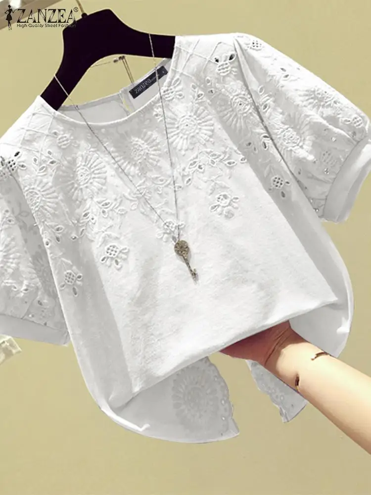 Elegant Summer Lace Crochet Blouse ZANZEA Women OL Work Casual Shirt Fashion Short Sleeve O Neck Blusas Female Holiday Tops 2024