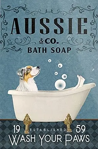 Metal Tin Sign Wall Decor Australian Shepherd Dog Bath Soap Poster Hanging Plaque Aluminum Signage Posters