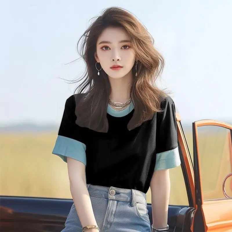 Summer contrasting color stitching solid color short-sleeved T shirt for women cute fresh casual commuting versatile top ins y2k