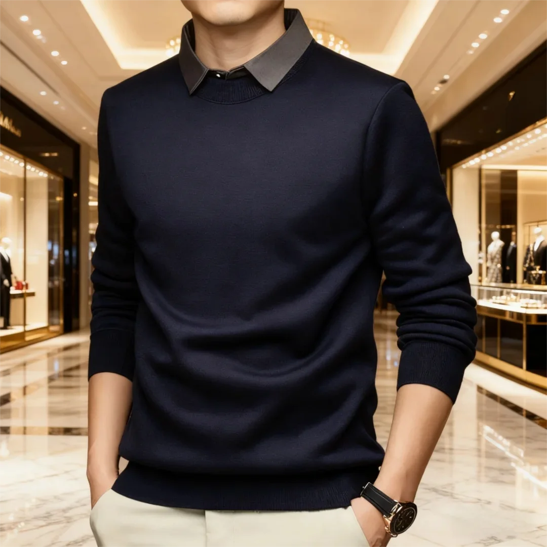 Мужской вязаный свитер с воротником рубашки — двухслойный дизайн с начесом на флисовой подкладке для делового повседневного использования (тяжеловес, зима Essential)