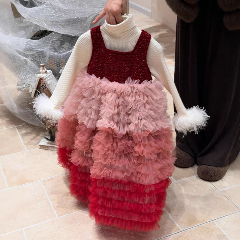 

25New Winter Sleeveless Fleece Cake Mesh Patchwork Dress for Little Girls Stylish Princess Dress New Year Outfit