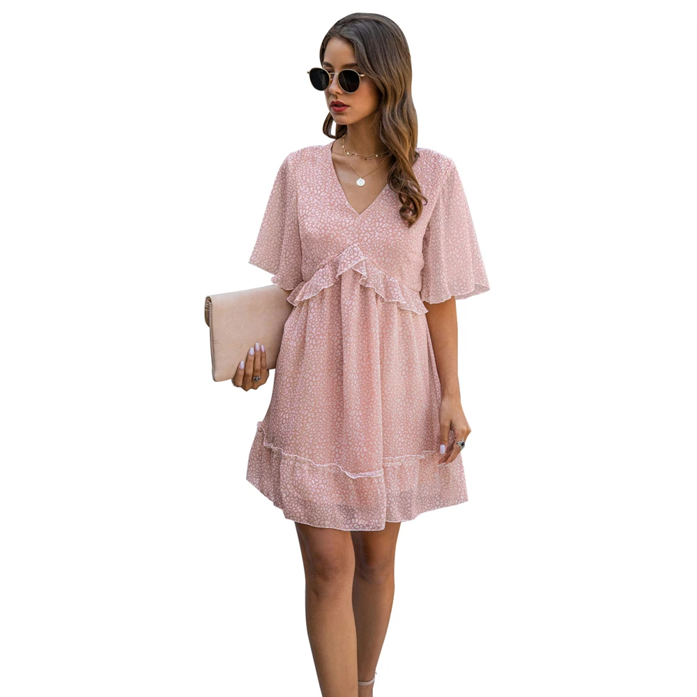 

Ladies Sexy Print Summer Dress Women Ruffle Short Sleeve Casual Loose V-neck A-Line Women Mini Dress Female Sundress Vestidos