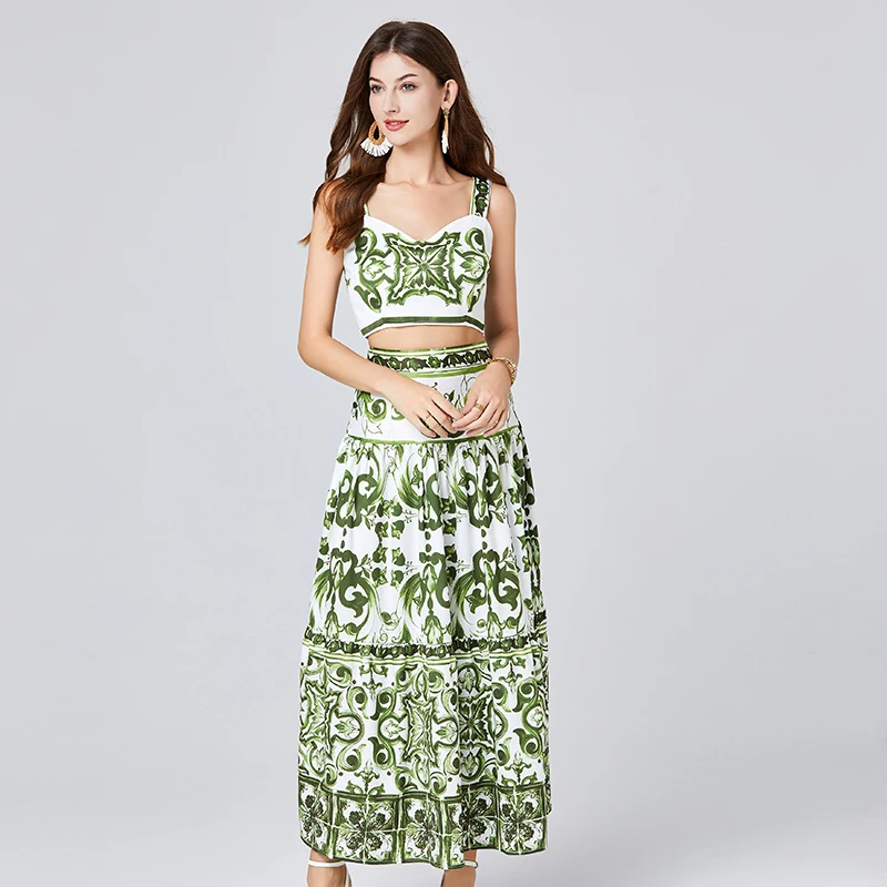 Summer Runway Blue And White Porcelain Two Piece Set Women Flower Print Short Crop Top + Holiday Beach Maxi Skirt Suits