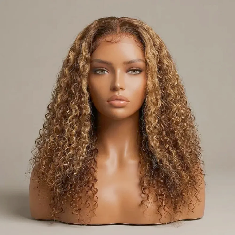 

26-дюймовые парики с кружевной передней частью, 180% плотность, светло-русые, кудрявые, с эффектом кинки, для женщин, с детским волосом, из синтетического термостойкого волокна, для повседневной носки