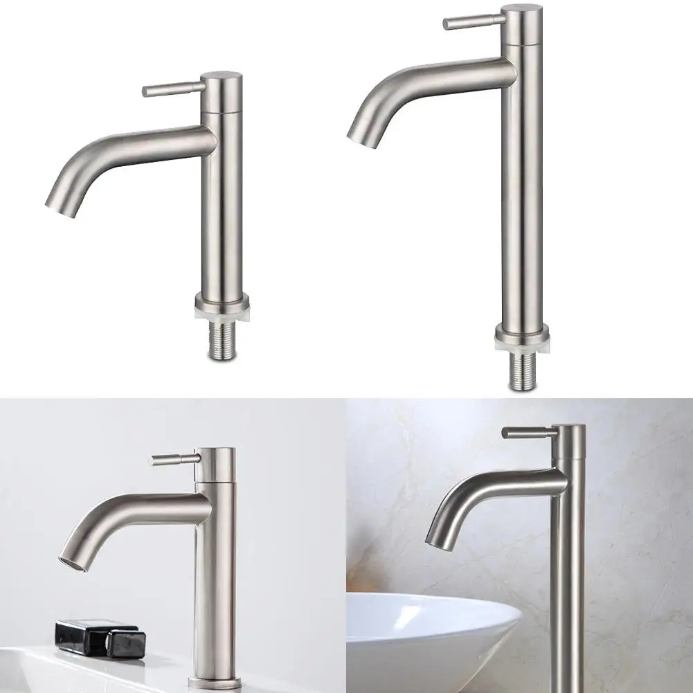 

304 Stainless Steel Silver Single Cold Sink Faucet Bathroom Counter Basin Faucet Bathroom Faucet Accessories