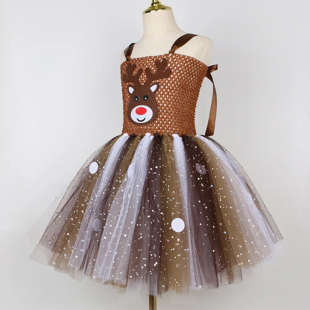 Deer Costume for Girls Christmas Party Tutu Dress Gifts Elk Reindeer Cosplay Xmas Clothes Outfits Kids Halloween Purim Clothes