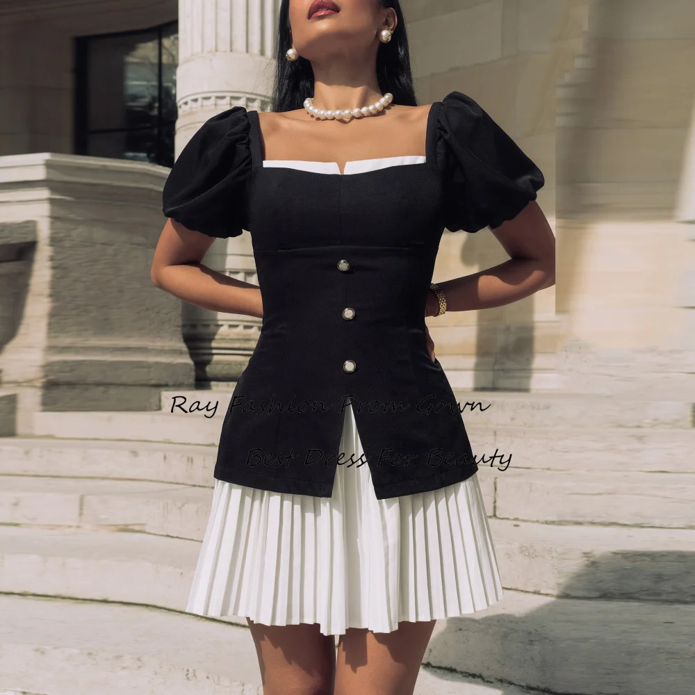 Ray Fashion A Line Mini Evening Dress Square Neck Short Sleeves Button Ruffle For Women Formal Occasion Party Gown فساتين سهرة