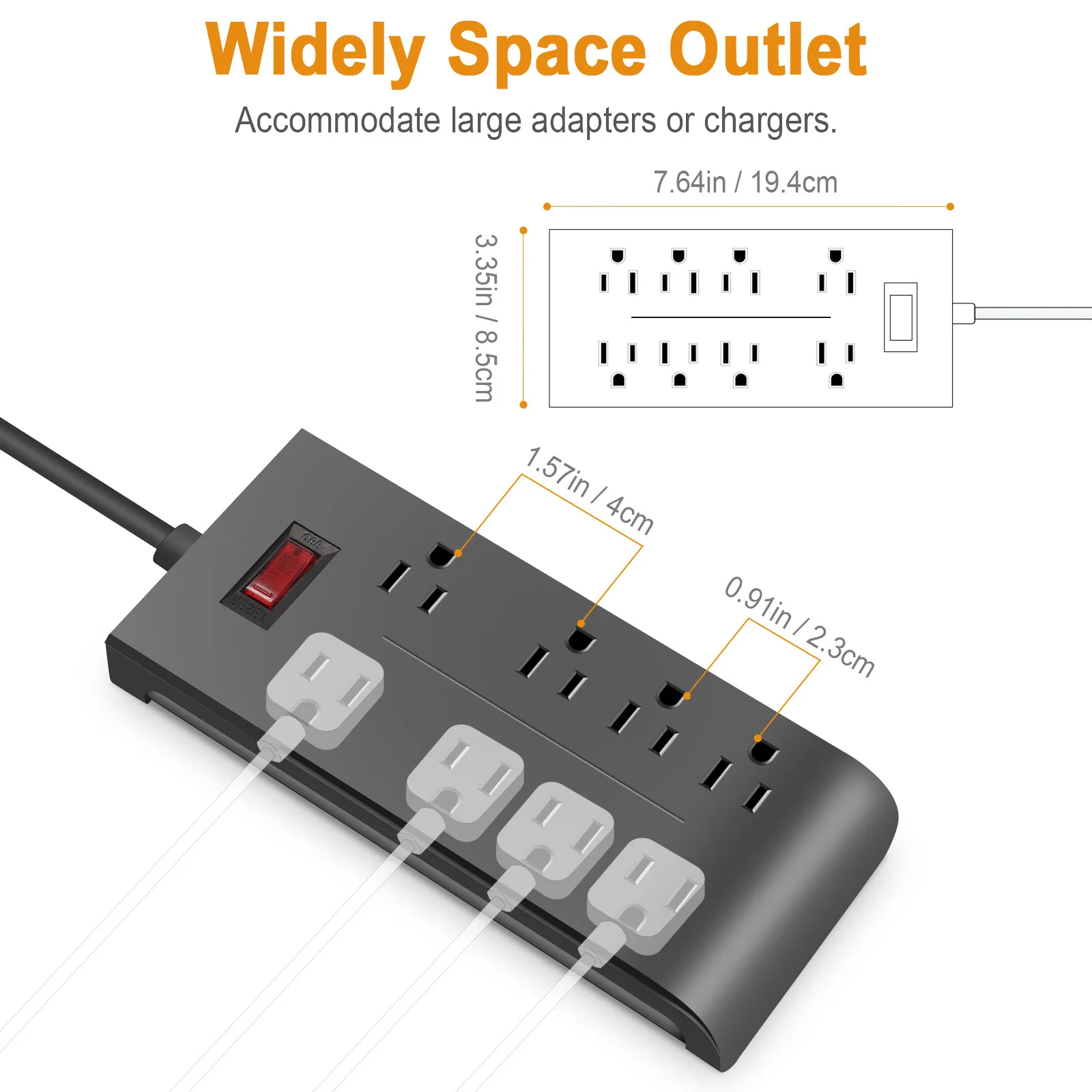 8-in-1 Power Strip 1.2M Extension Cable Multiprise 8 AC Outlets Electrical Socket Network Filter Fast Charging On/Off Switch