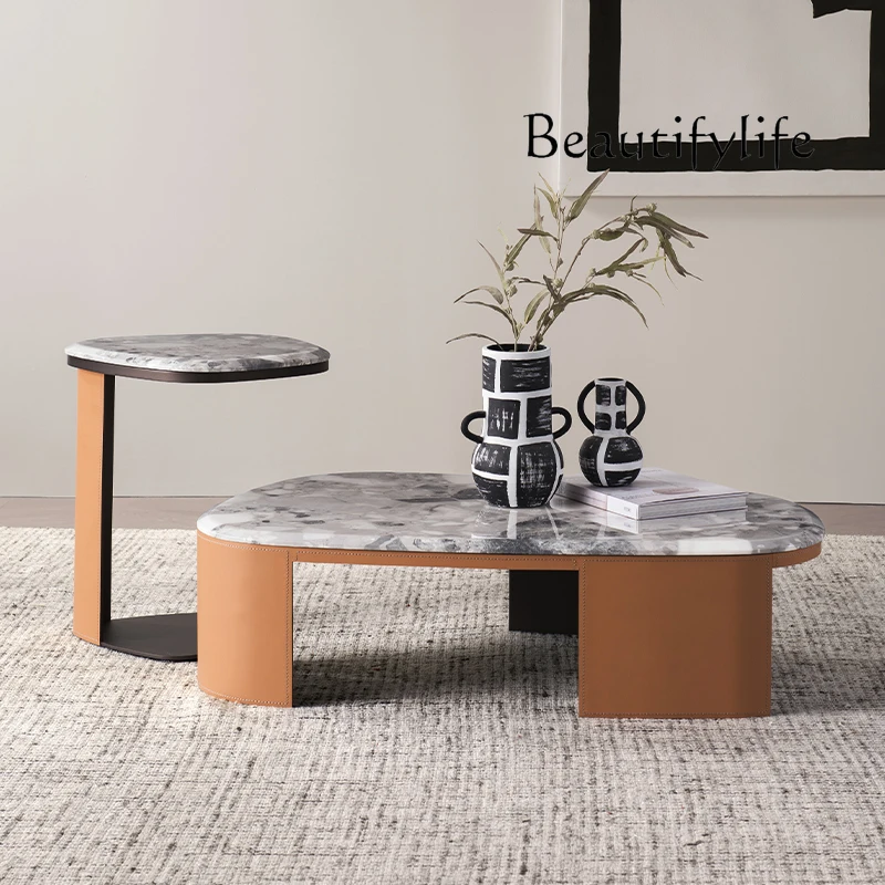 Italian Minimalist Saddle Leather Tea Table Combination European Entry Lux Living Room Home Marble Tea Table