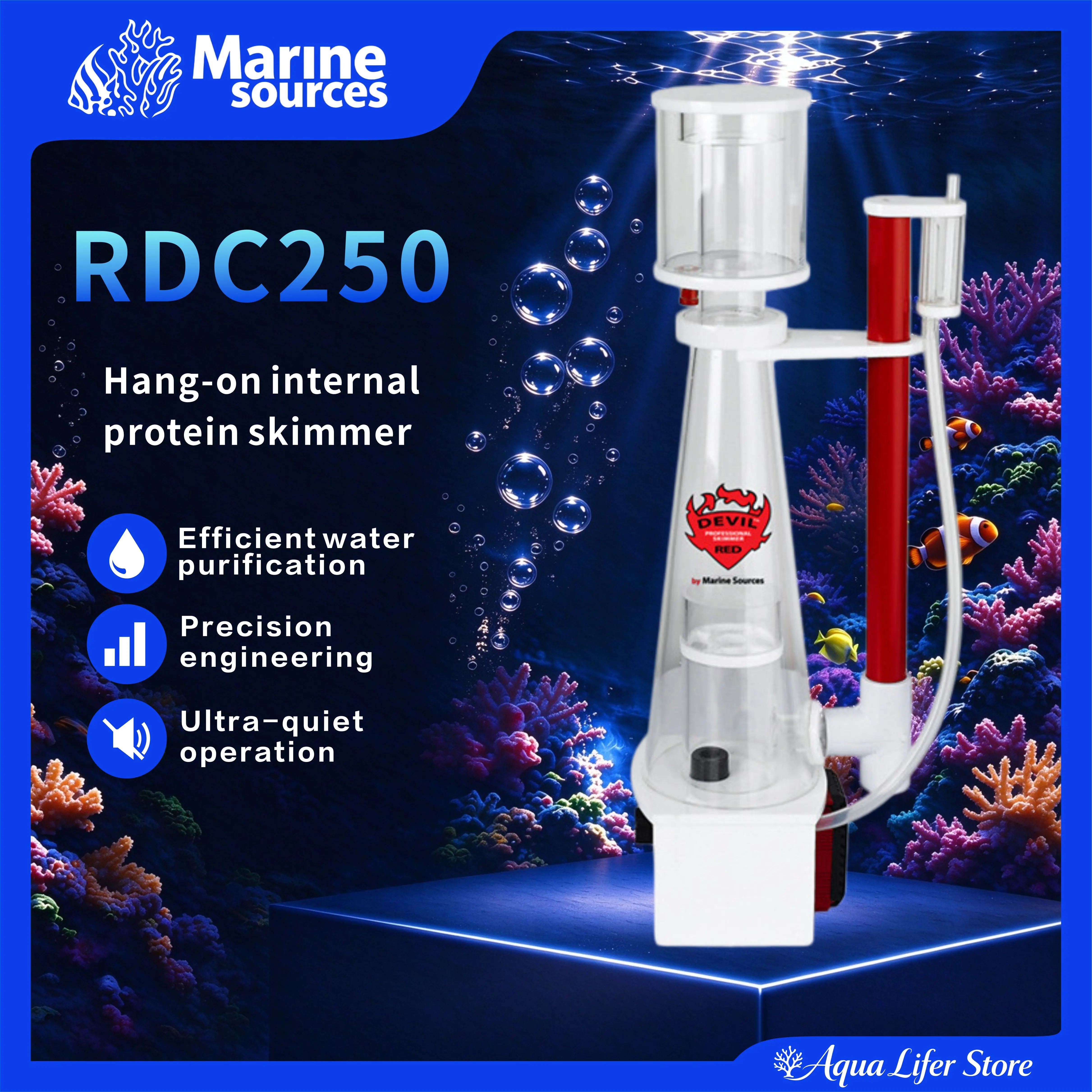 Marine Sources RDC250 Aquarium Filter, Built-in Protein Skimmer, Water Purification, for Marine Reef Coral Aquarium