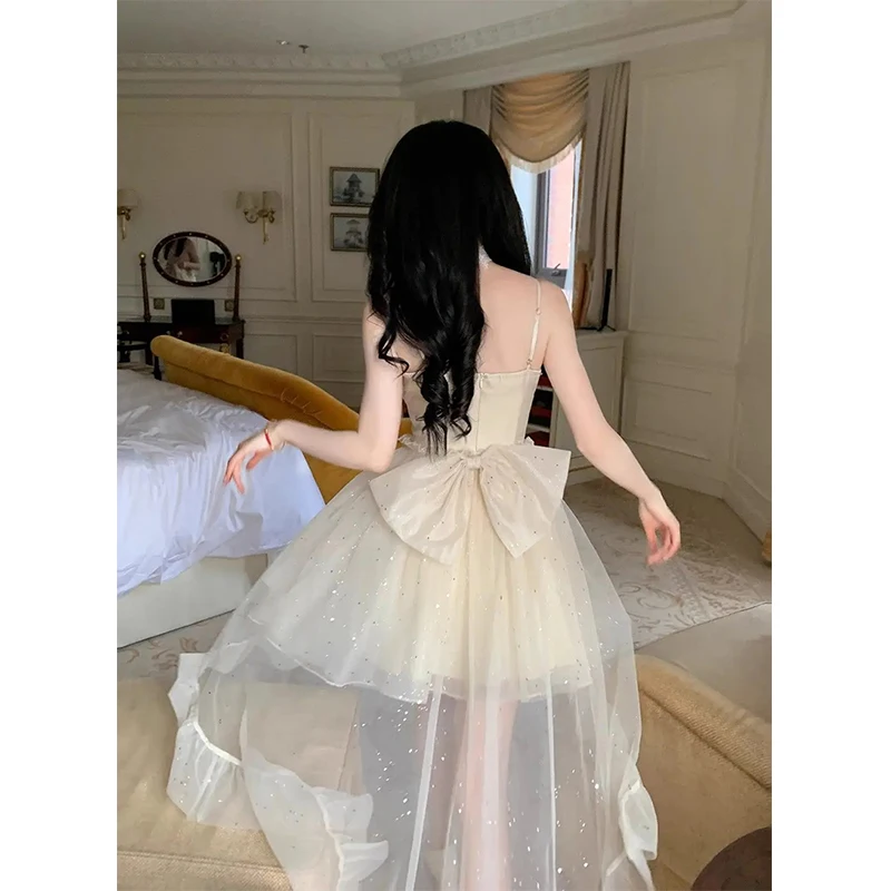 Sweet Bow Mini Dress Women Party Prom Fairy Sequins Mesh Strap Dresses Summer Elegant Korean Sexy Patchwork Bodycon Vestidos New