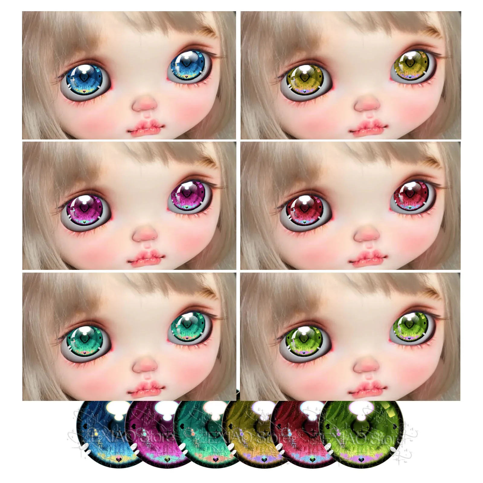 12Pcs Colorful Gradient Heart Flower Pattern Blythe BJD Doll Eye Chip Glass Cabochon Shining Pupil Chips Eyes DIY Jewelry MS006