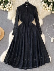 Women Black Vintage Dress Spring Autumn Stand Collar Long Sleeved Lace Dresses French Elegant Floral Party Long Robe Vestidos