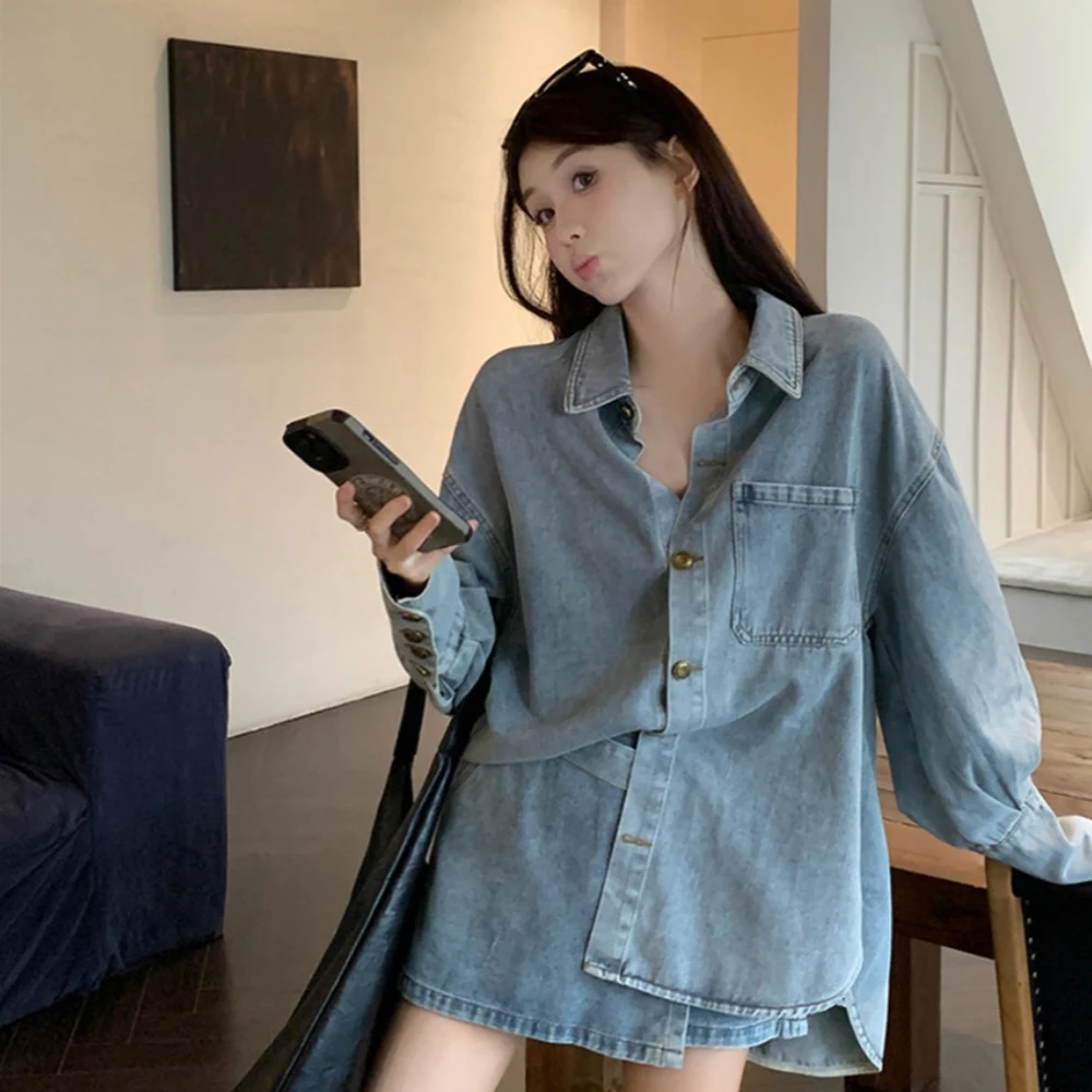 Retro Fashion Denim Set for Women\'s Spring 2024 New Long Sleeve Denim Shirt High Waist Slim Half Skirt Pantskirt 2piece Suit
