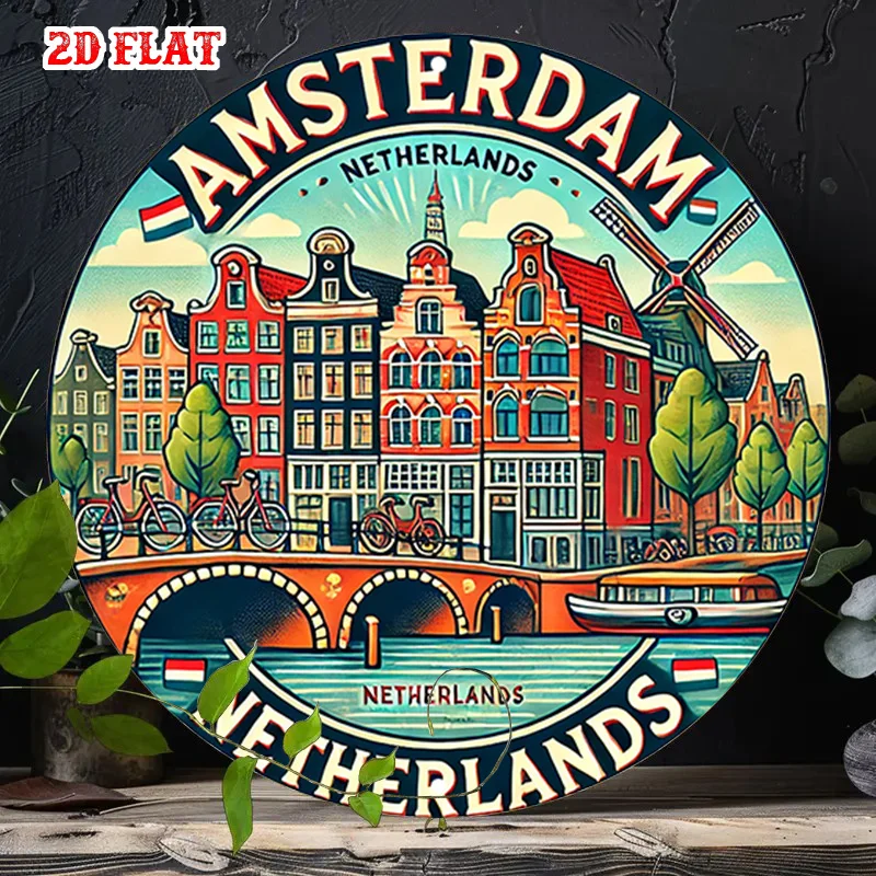 CIFBUY Vintage Amsterdam Canal Round Aluminum Wall Art Waterproof Durable Metal Sign for Home Garage Cafe Decor