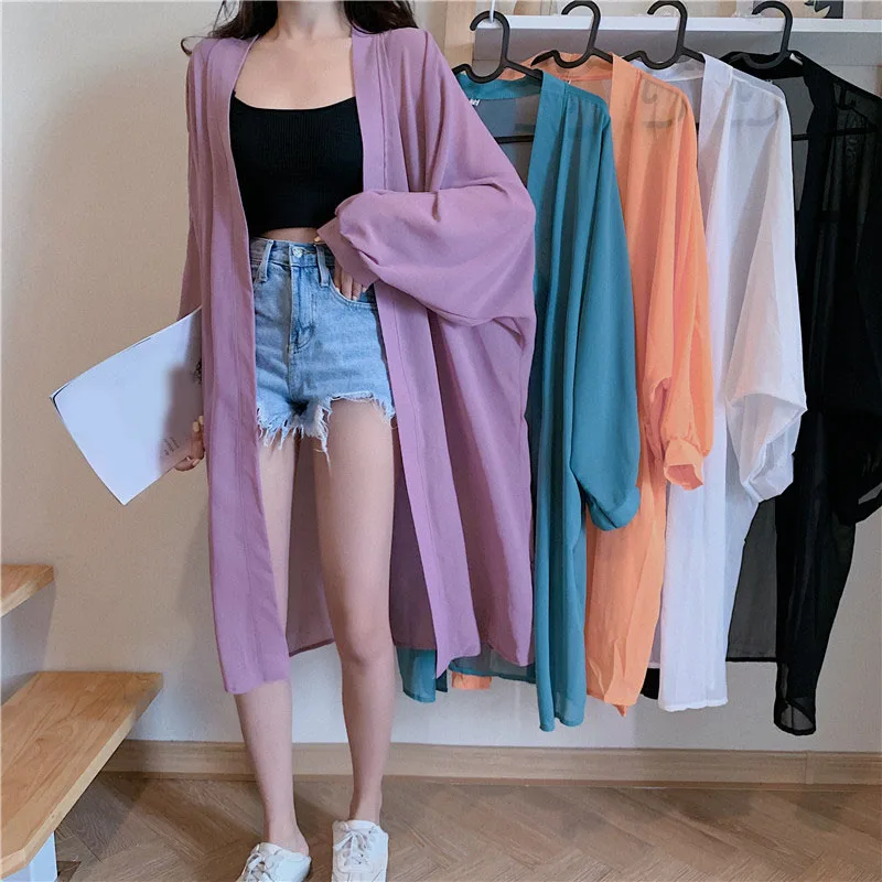 OUMEA Women Summer Solid Color Sheer Chiffon Kimono Long Sleeve Beach Cover Up Cute Transparent Chiffon Cardigans Vintage