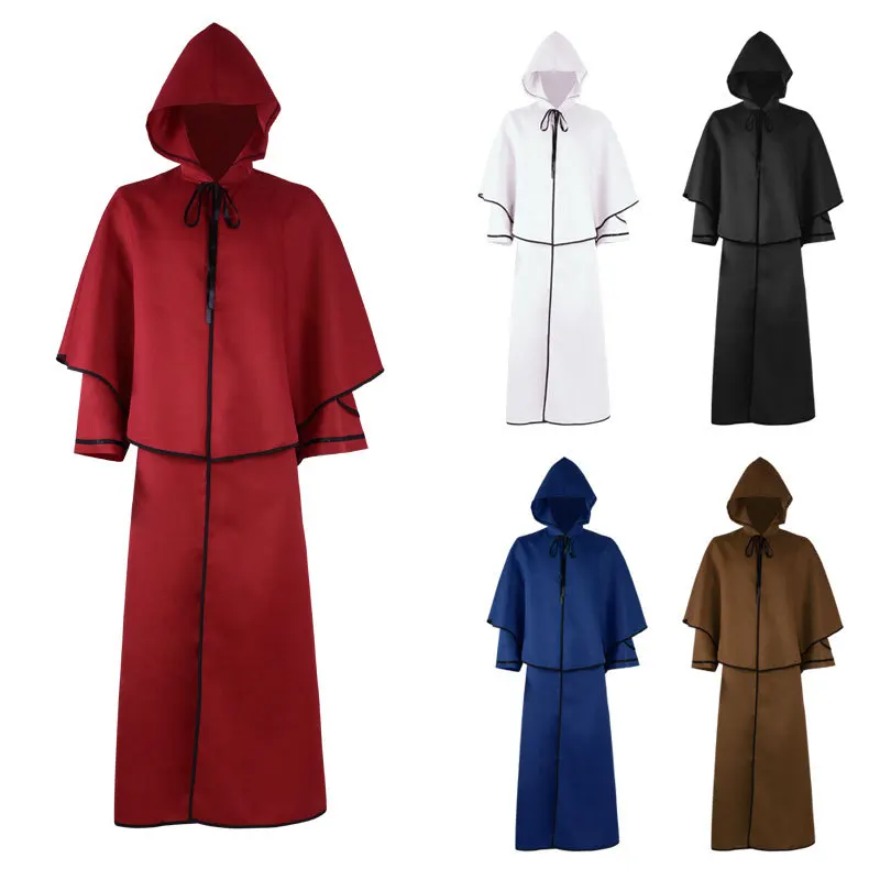 S-4XL Halloween Carnival Medieval 5 Color Hooded Cloak Retro Guide Robe Wizardry Death Cloak Cosplay