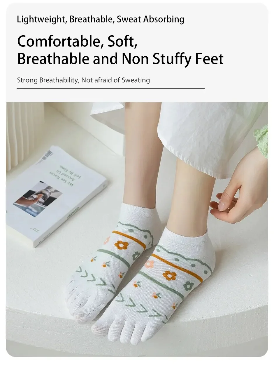 6 Paare/los Kawaii Nette Fünf Finger Socken Frauen Sommer Dünne Söckchen mit Separaten Finger Baumwolle Floral Grün Zehen Socken – Detail 4